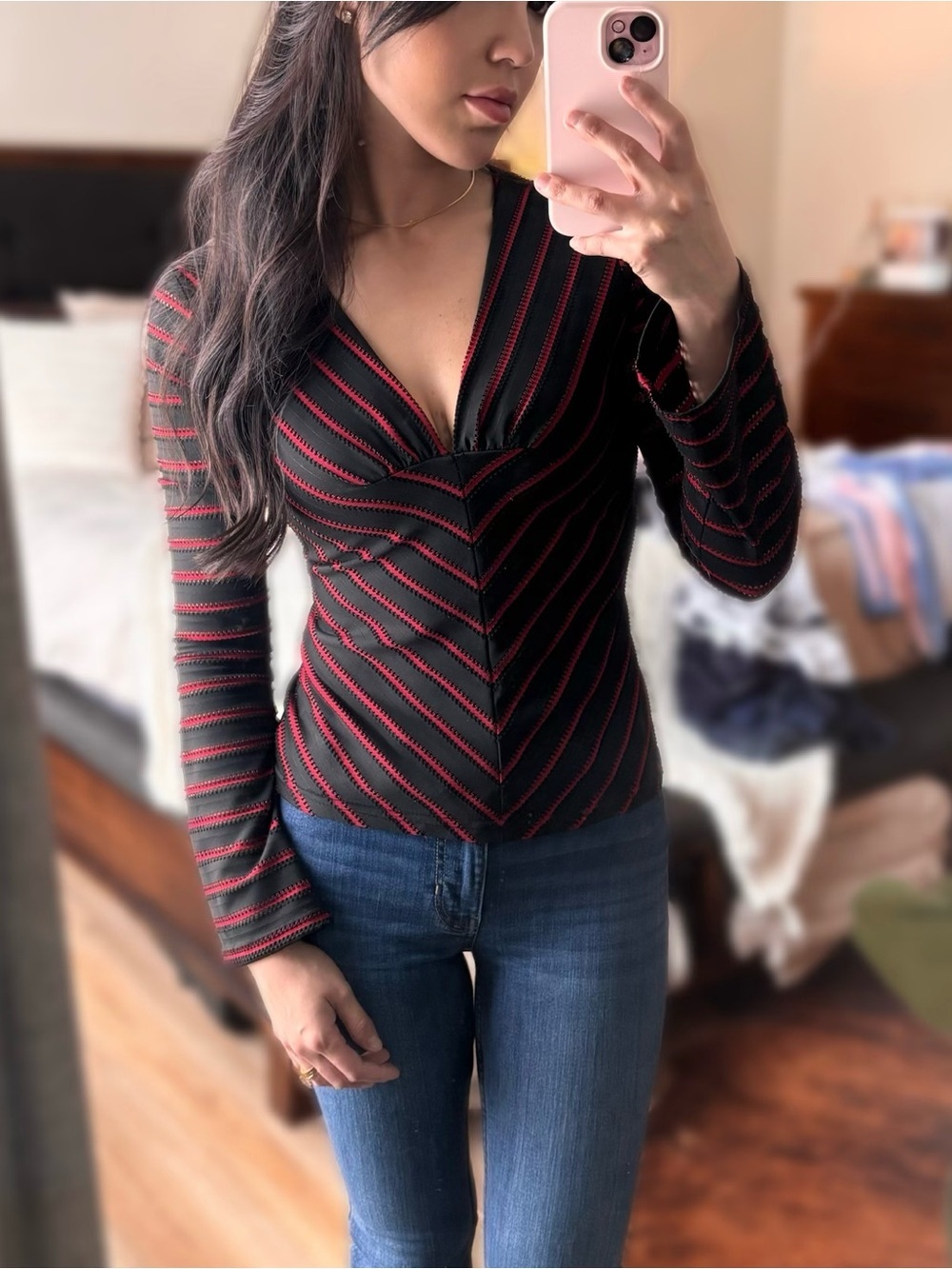Unk Black & Red Striped V-Neck Long Sleeve Top - Picture 2 of 3